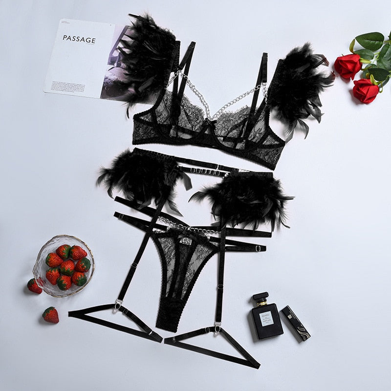 Ensemble jarretelle avec plumes 3pcs-Velonjara-Secret