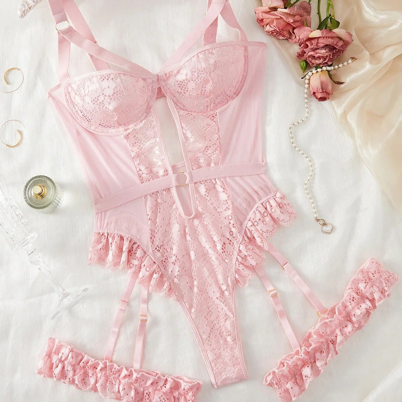 Ensemble de lingerie jarretière en dentelle florale