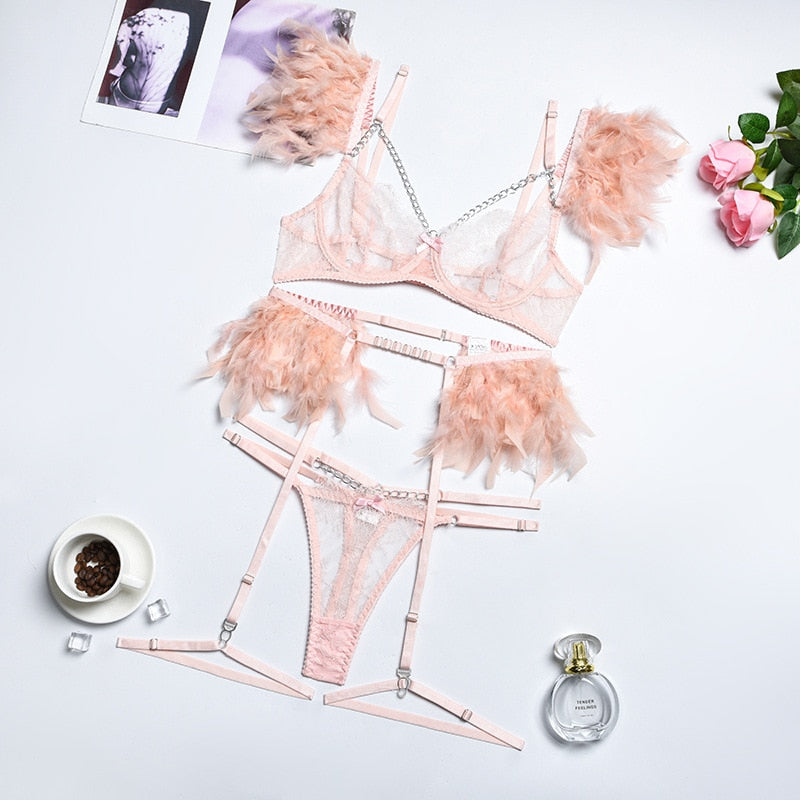Ensemble jarretelle avec plumes 3pcs-Velonjara-Secret