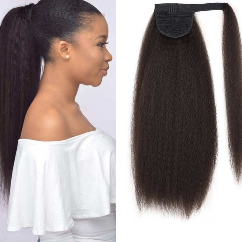 Queue de Cheval Afro Longue, Cheveux Synthétique Droite et Crépue avec Clip et Bande Élastique