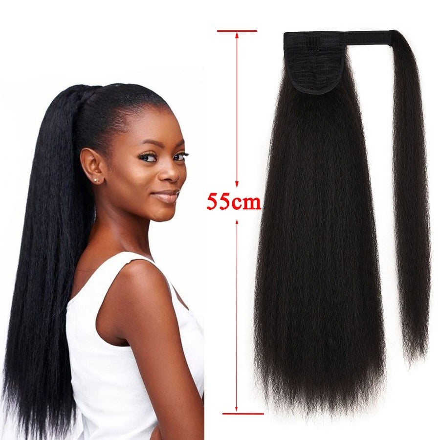 Queue de Cheval Afro Longue, Cheveux Synthétique Droite et Crépue avec Clip et Bande Élastique