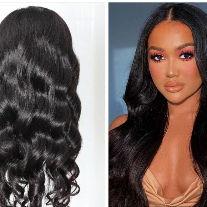 Perruque naturelle avec dentelle ondulée, cheveux longs