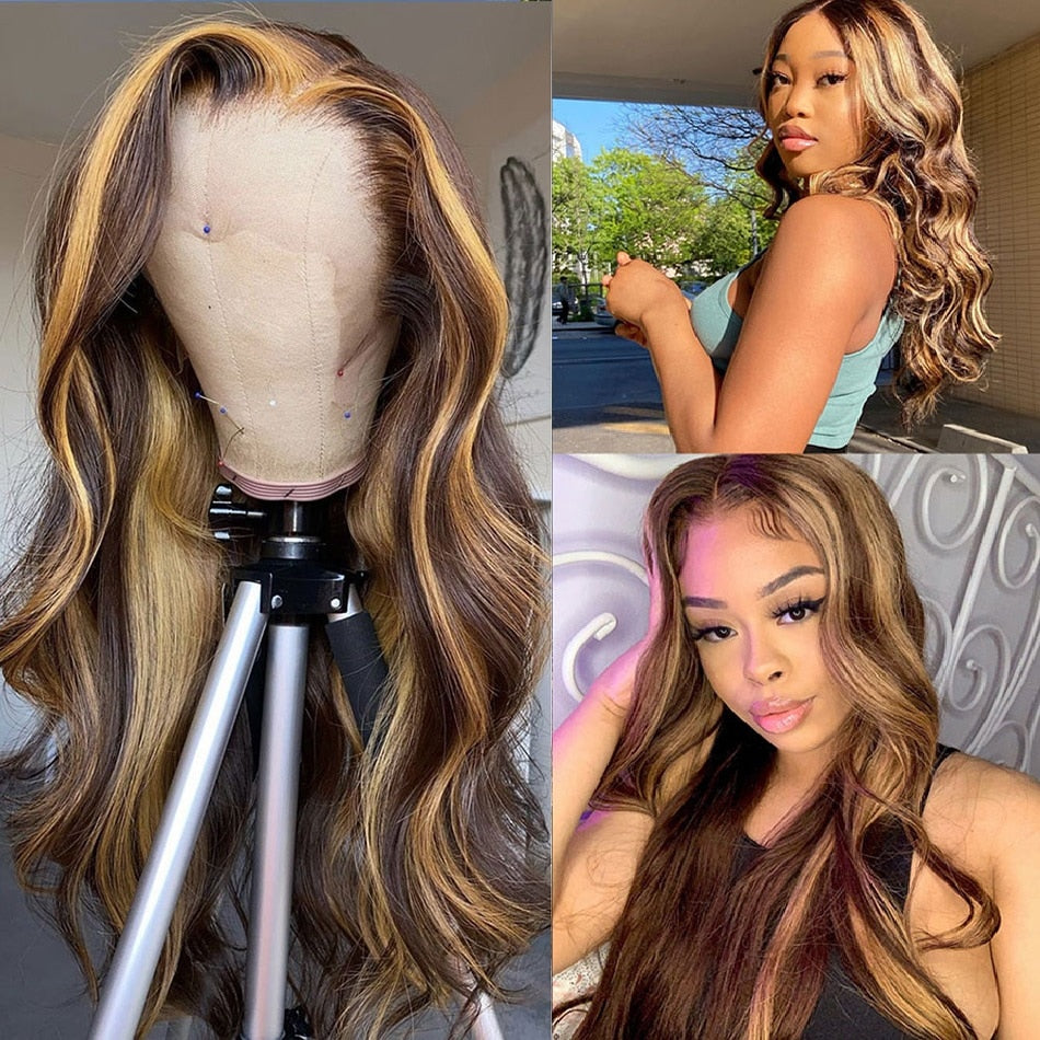 Perruque Cheveux Naturels Brésiliens, Bouclés, Ombré, Blond Miel avec Reflets