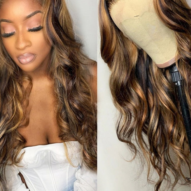 Perruque Cheveux Naturels Brésiliens, Bouclés, Ombré, Blond Miel avec Reflets