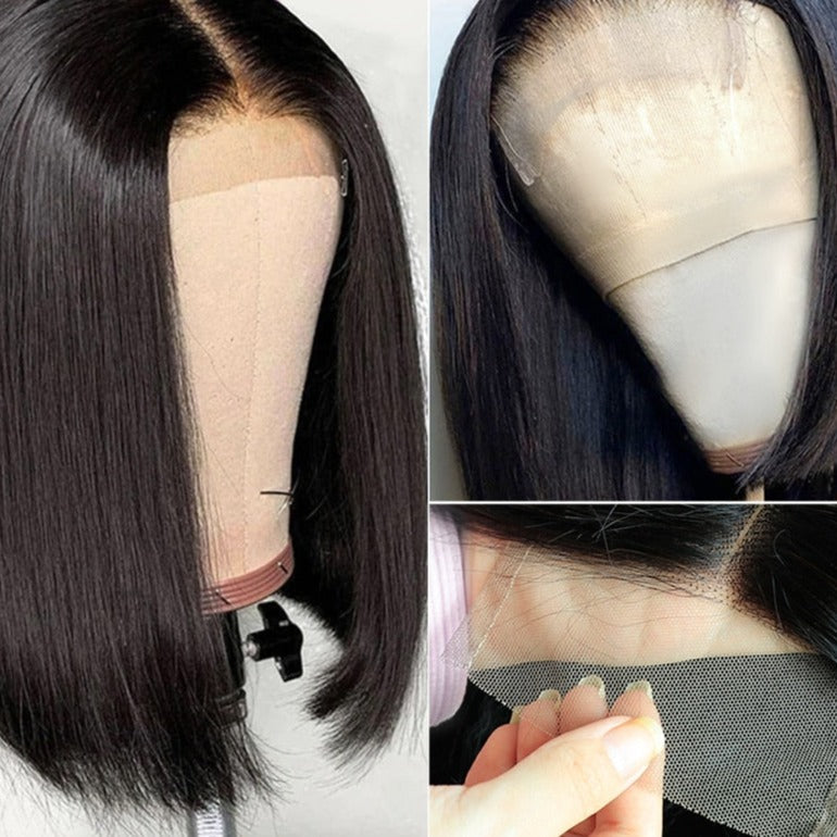 Perruque bob brésilienne, bonnet en dentelle, courts lisses, couleur naturelle
