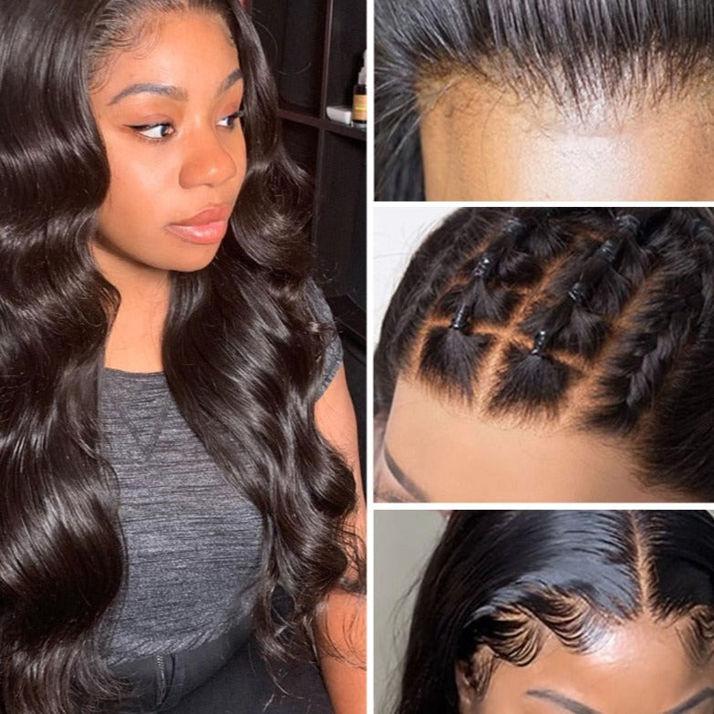 Perruque naturelle avec dentelle ondulée, cheveux longs