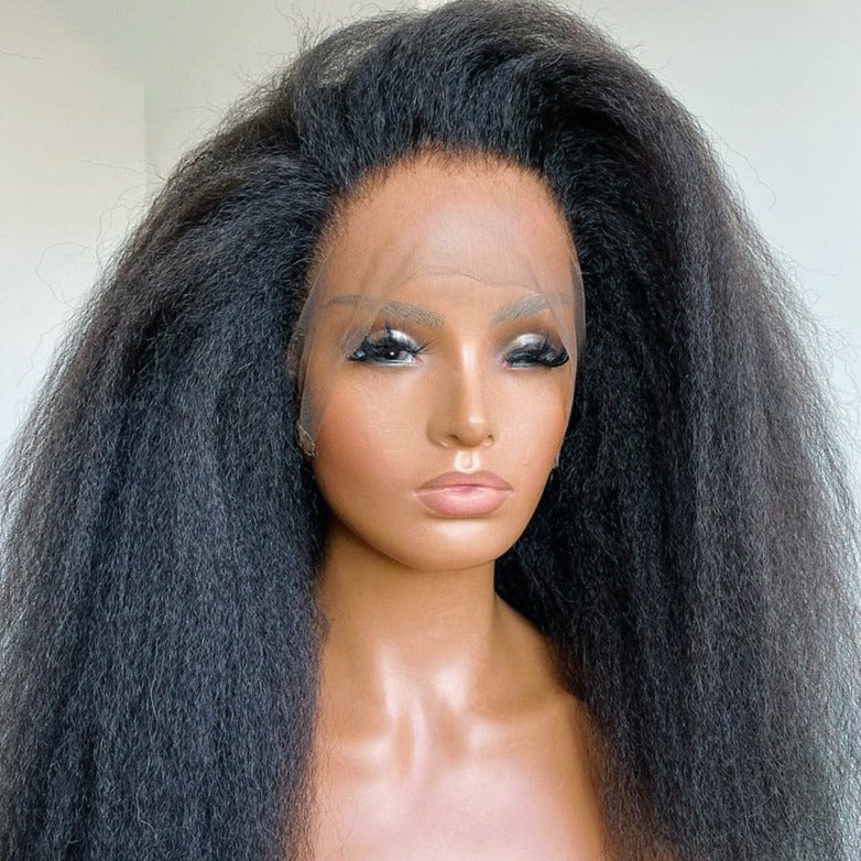 Perruque yaki dentelle synthétique sans colle, cheveux crépus lisses, couleur noire, densité 180