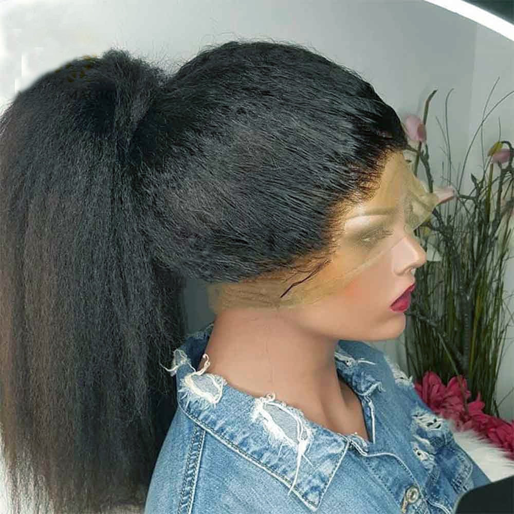 Perruque yaki dentelle synthétique sans colle, cheveux crépus lisses, couleur noire, densité 180