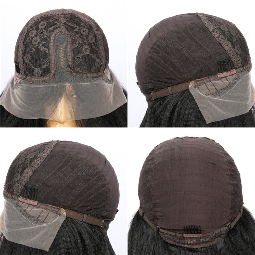 Perruque yaki dentelle synthétique sans colle, cheveux crépus lisses, couleur noire, densité 180