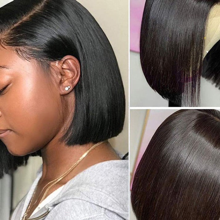 Perruque bob brésilienne, bonnet en dentelle, courts lisses, couleur naturelle