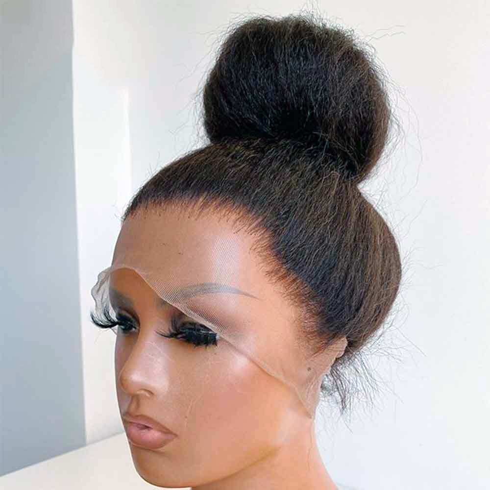 Perruque yaki dentelle synthétique sans colle, cheveux crépus lisses, couleur noire, densité 180